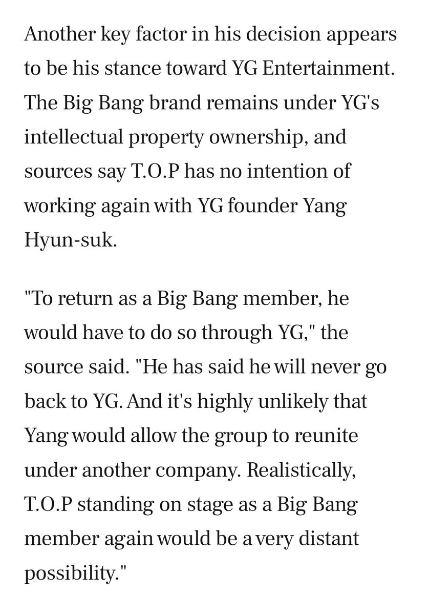 📍ประเด็นเรื่อง T.O.P , BIGBANG และ YG

แหล่งข่าวรายหนึ่งเปิดเผยว่า T.O.P ได้ยืนยันอย่างชัดเจนว่า เขาไม่มีความตั้งใจที่จะกลับไปร่วมวง BIGBANG อีก (ครั้งนี้ท็อปไม่ได้ให้สัมฯ คาดว่า น่าจะมาจากแหล่งข่าวที่ท็อปเคยสัมไว้ครั้งก่อน)

ขณะเดียวกัน