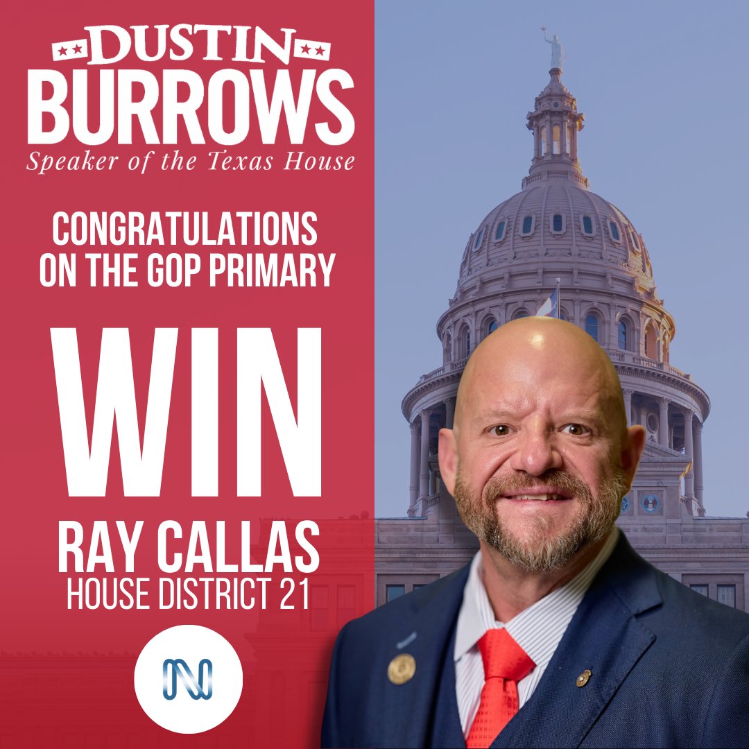 Burrows4TX's tweet photo. Congratulations to @RayCallas4TX and @knorfleet on a well-earned victory.

House District 21 has nominated a strong Republican leader, and I look forward to working together to advance conservative priorities that keep Texas the strongest state in the nation. https://t.co/1rM4W0X2PV