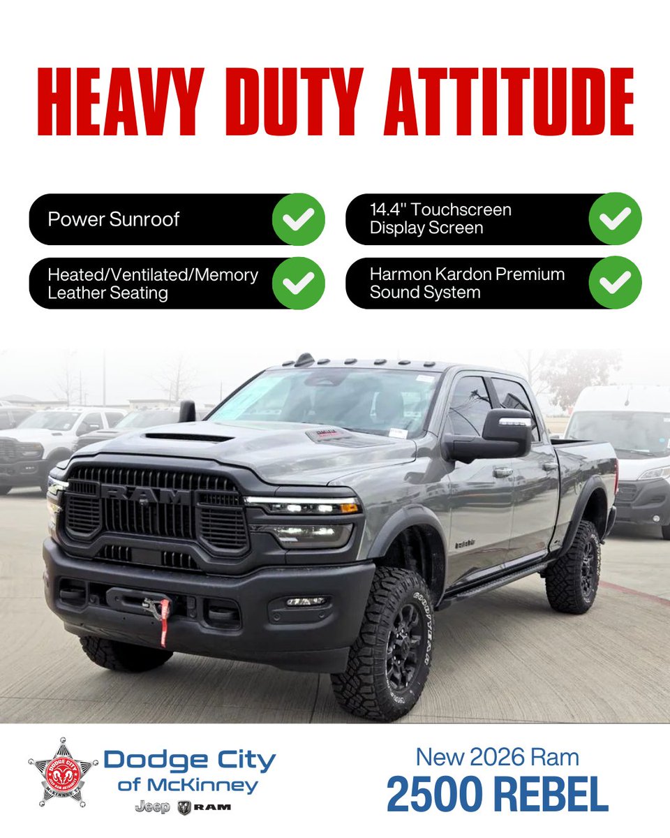 McKinneyDodge's tweet image. The New 2026 Ram 2500 Rebel is built for serious capability with bold styling and off road confidence to match. Schedule your test drive today. ➡️

📞 (972) 569-9650
 📍400 S Central Expy McKinney, TX 75070-3709
 🌐 tinyurl.com/25uv53th

#Ram2500 #RamRebel #HeavyDuty