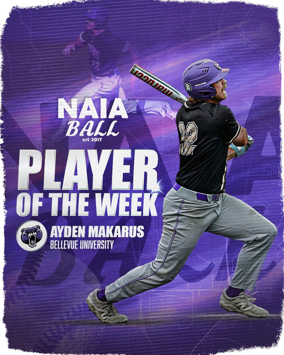 NAIABall's tweet image. The NAIA Ball Player Of The Week is Bellevue (NE) Ayden Makarus 

The junior OF continues to impress in a Bellevue uniform and had an incredible week across 5 games recording 14 RBI in an undefeated week leading the Bruins to their 12th straight win

Full line: 10-20 3 2B 4 HR 14