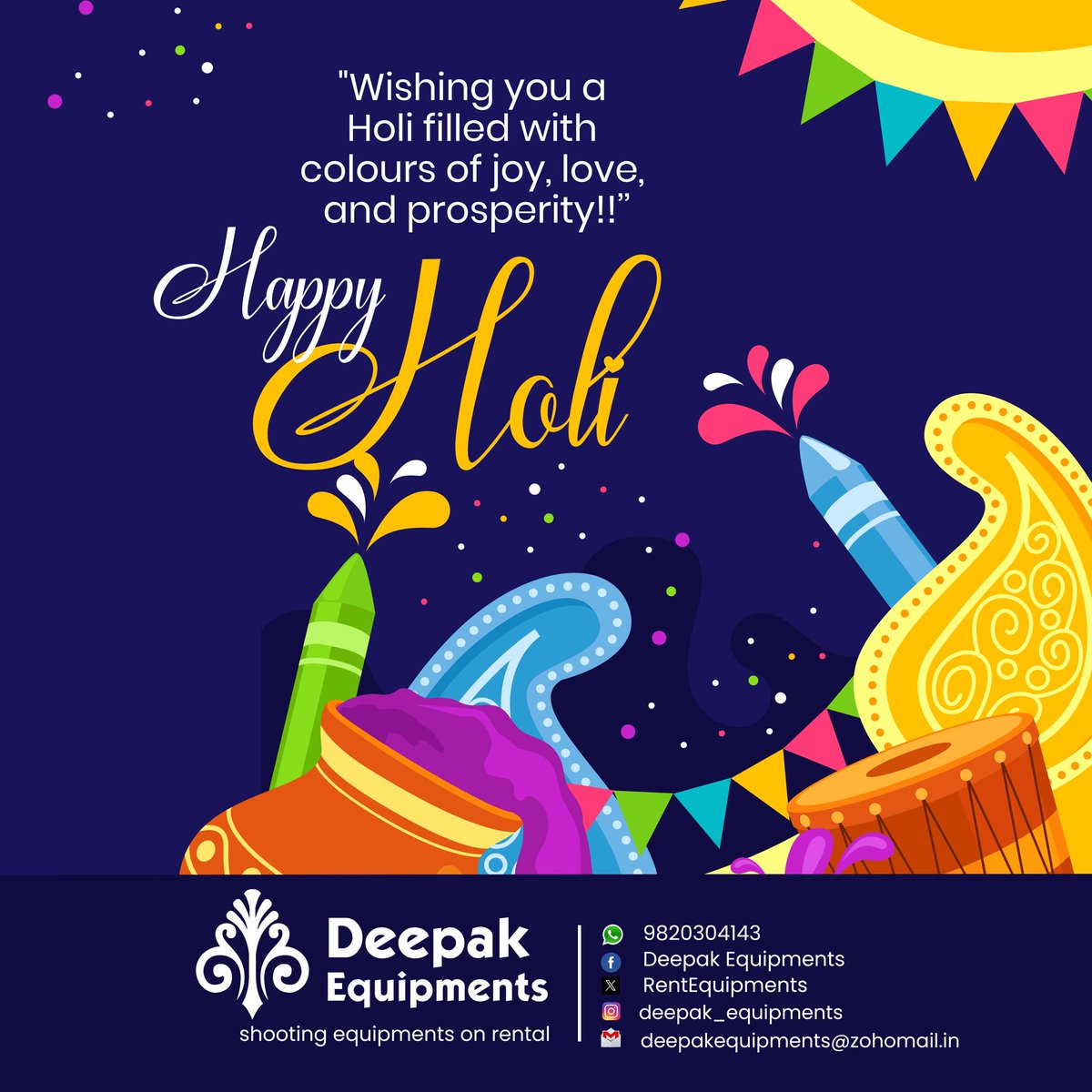 RentEquipments's tweet photo. Wishing you a Holi filled with love, laughter, and beautiful memories ✨
Let the colours of joy brighten your day! Happy Holi! 🎨💛🩷💚
#happyholi2026 #Holi #होली #Bollywood #Rental #Servive #IT #AudioVideo #Shooting #Prop https://t.co/k3U2fIqdfS