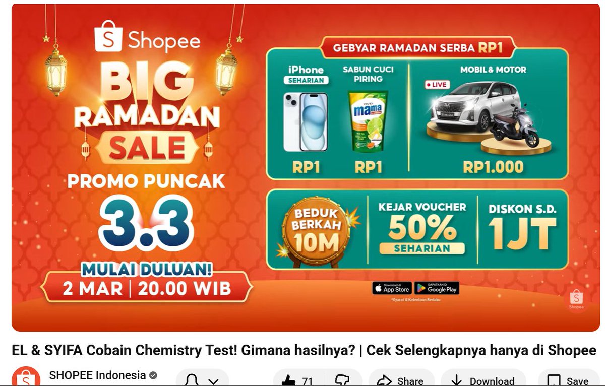 lpdikta's tweet photo. Gue masih keinget banget serunya promo puncak shopee big ramadan sale tadi malem! Orang-orang pada berburu iPhone 1 rupiah dan mobil seribu rupiah doang #ShopeePromoPuncakHariIni https://t.co/RFXyoNhkGE