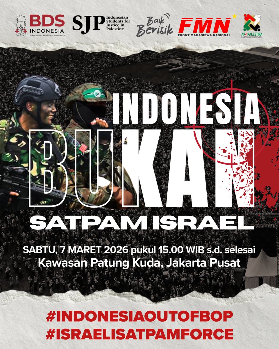 Setiap "perdamaian" yang lupa atau menolak menghentikan penjajahan Israel hanyalah omon-omon belaka.

Tiada perdamaian tanpa keadilan!

Bagi yang masih sadar pentingnya keadilan untuk Palestina dan menghentikan penjajahan Israel, sampai bertemu hari Sabtu nanti di Jakarta ya 👋🏼