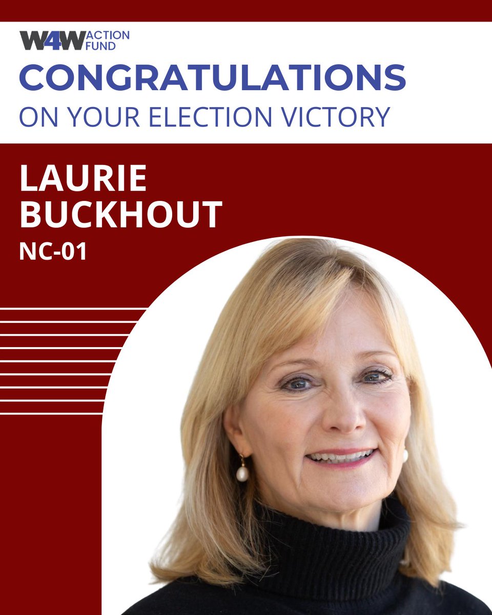 WinningForWomen's tweet image. Congratulations to @lauriebuckhout on her primary victory in #NC01!

WFW AF was proud to endorse Laurie again this cycle, and we look forward to standing with her as she fights to flip this battleground seat in November. #WFWActionFund