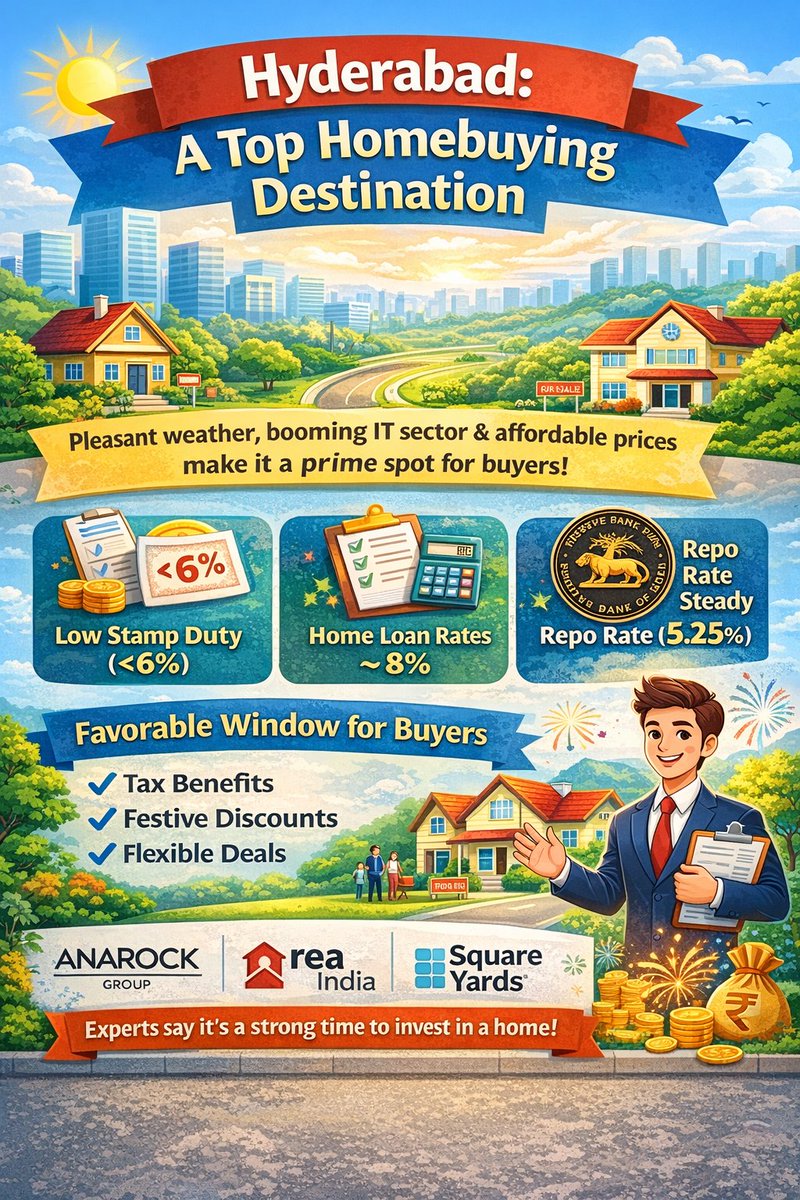 abhinavaduri9's tweet photo. #Hyderabad’s IT growth, pleasant weather and affordable pricing make it a homebuying hotspot
With <6% stamp duty,~8% loan rates and the RBI holding repo at 5.25%, EMIs remain steady.
FY-end tax perks and developer discounts add to the boost, say #ANAROCK, #REAIndia &amp; #SquareYards https://t.co/WY8C5a5o4h
