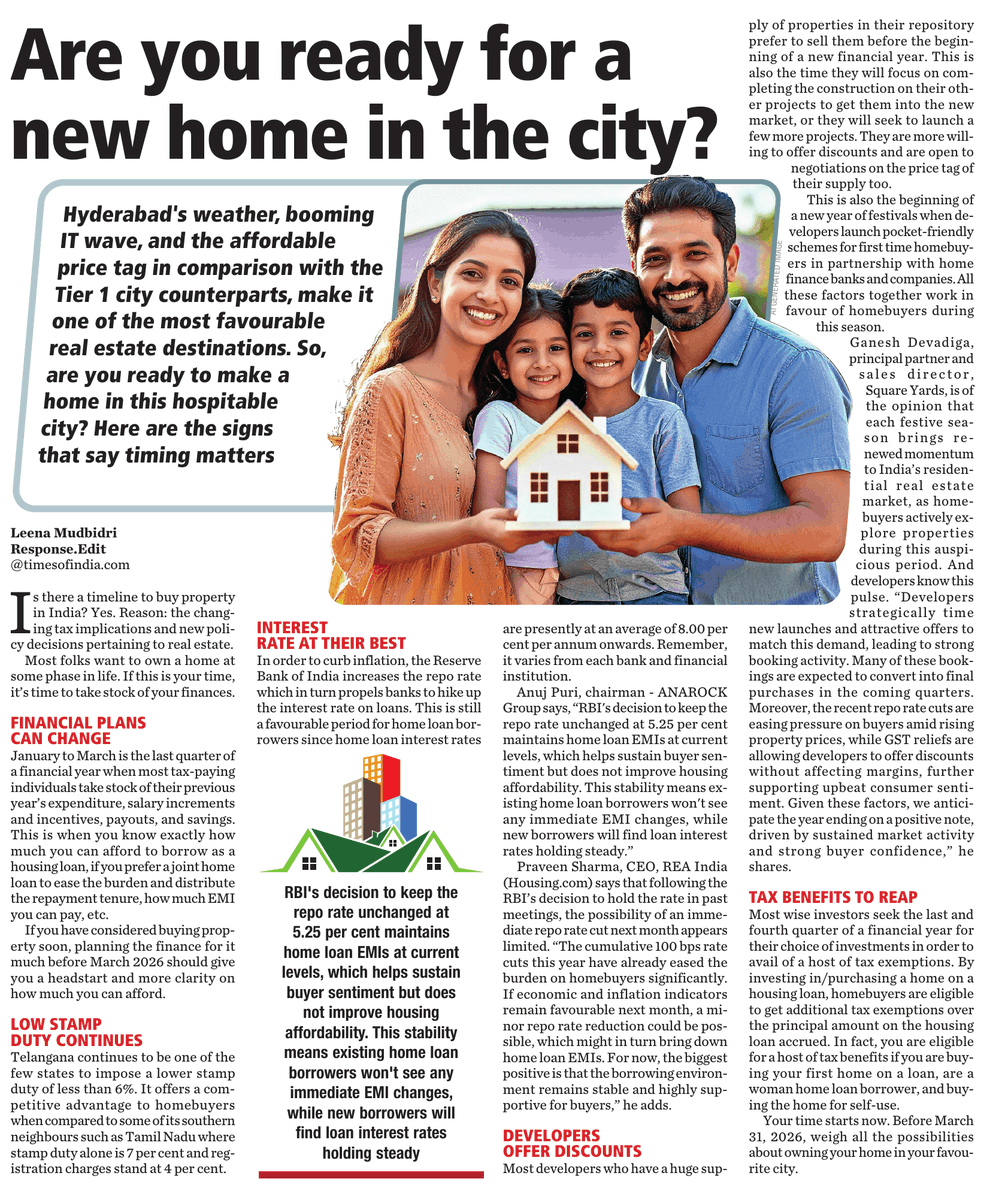 abhinavaduri9's tweet photo. #Hyderabad’s IT growth, pleasant weather and affordable pricing make it a homebuying hotspot
With <6% stamp duty,~8% loan rates and the RBI holding repo at 5.25%, EMIs remain steady.
FY-end tax perks and developer discounts add to the boost, say #ANAROCK, #REAIndia &amp; #SquareYards https://t.co/WY8C5a5o4h