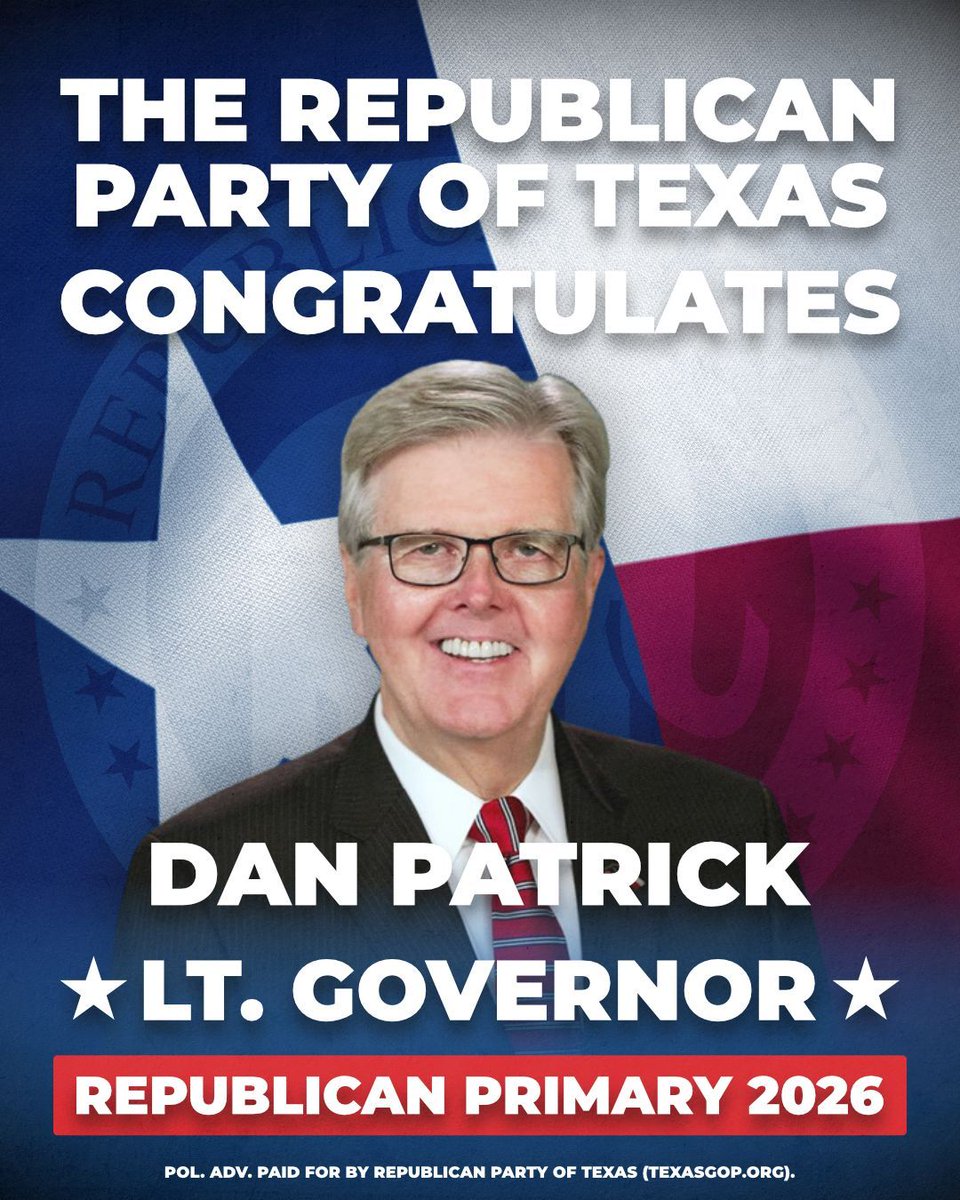 abrahamgeorge's tweet image. The Republican Party of Texas congratulates Dan Patrick on winning the Republican nomination for reelection! #TexasGOP #ElectionDay

@DanPatrick