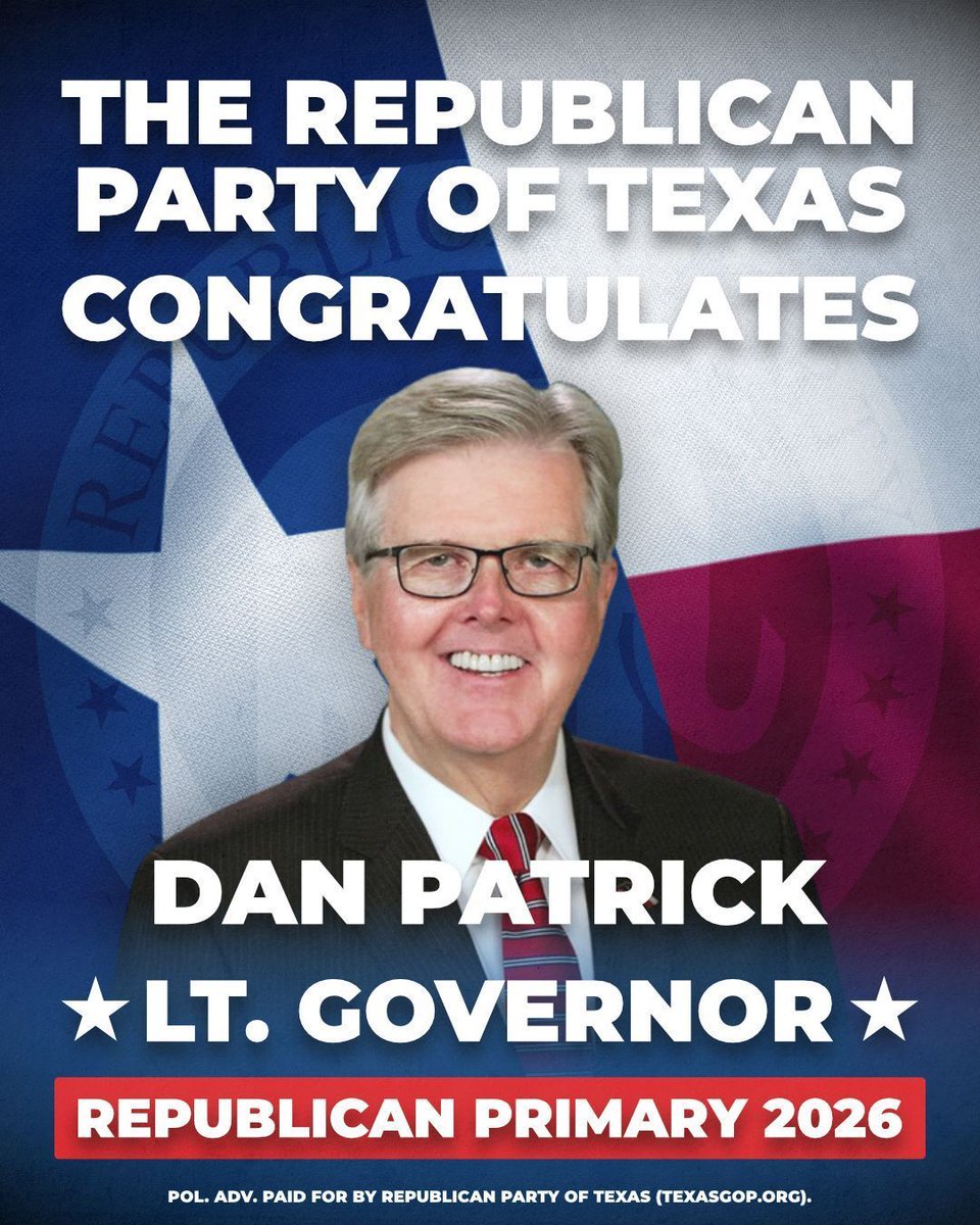 The Republican Party of Texas congratulates Dan Patrick on winning the Republican nomination for reelection! #TexasGOP #ElectionDay

<a href="/DanPatrick/">Dan Patrick</a>