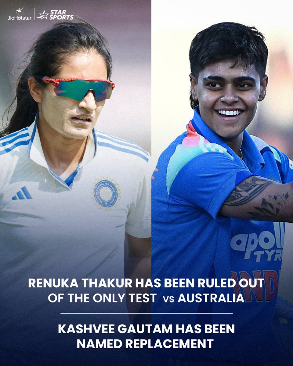 StarSportsIndia's tweet photo. Squad update from the #TeamIndia camp. 📢
#RenukaSingh has been ruled out of the upcoming Test against Australia due to workload management. #KashveeGautam has been named as her replacement for the one-off clash.
#AUSWvINDW Test 👉 FRI, 6 MAR on Star Sports Select 1 & JioHotstar