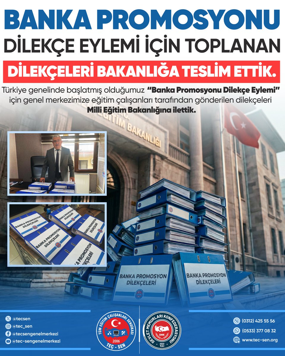 📢 Banka promosyonu dilekçe eylemi için toplanan dilekçeleri Milli Eğitim Bakanlığına teslim ettik.

Eğitim çalışanlarının banka promosyonlarının adil, eşit ve merkezî bir sistemle belirlenmesi amacıyla 81 ilden genel merkezimize ulaşan binlerce  dilekçeyi , iller arasında oluşan
