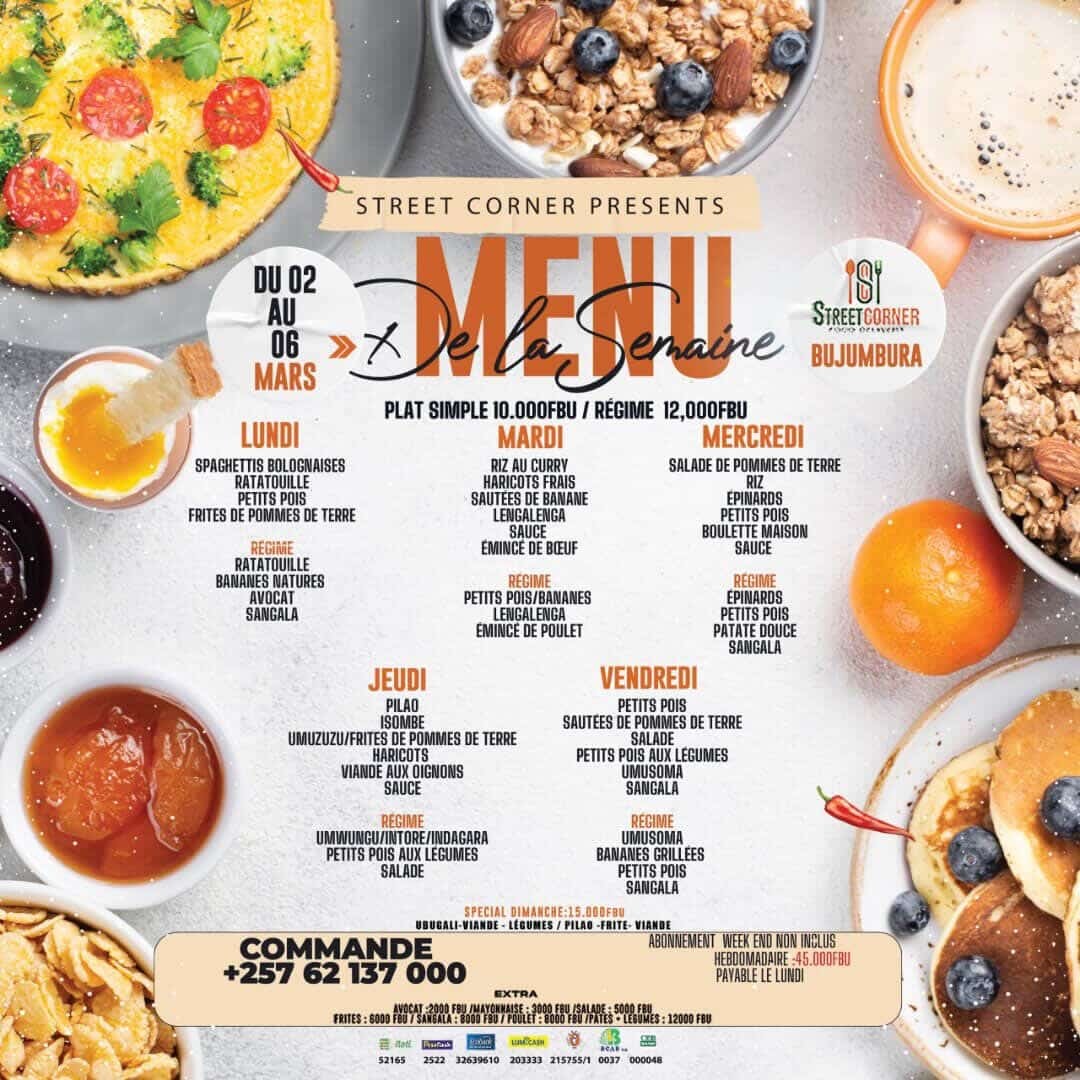 Sir_Umuhirwaa2's tweet photo. #StreetCorner : your number one choice for food delivery 😋☺️

Faites vos commandes les gens 🙌🏾
Tél : 62 137 000
Menu de la semaine 👇🏾 https://t.co/0i4oo60Me6