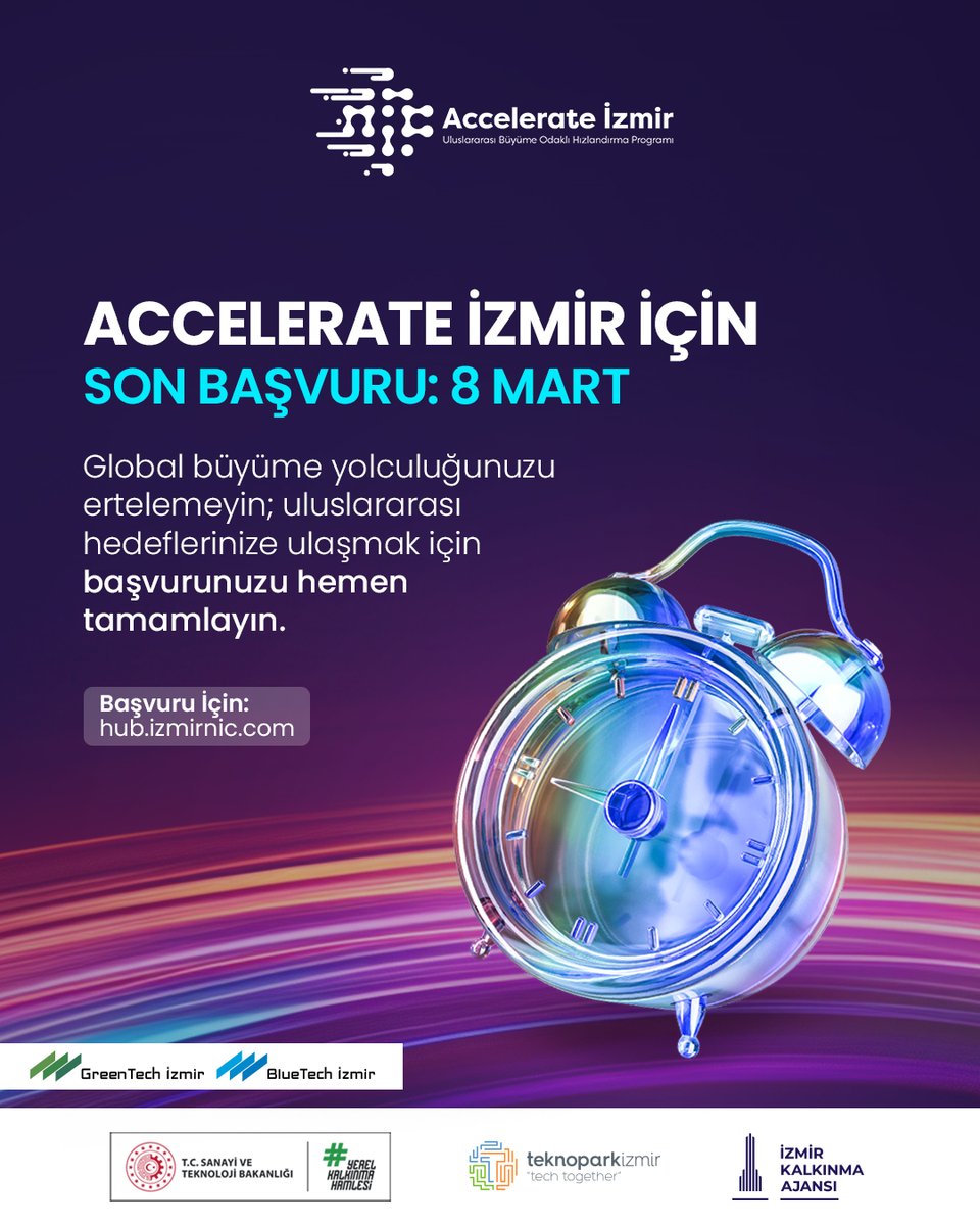 Accelerate İzmir 5. Dönem başvurularında son hafta! 

Uluslararası pazarlara açılmak, doğru pazarı seçmek ve global satış &amp; iş birliklerini sistematik şekilde geliştirmek isteyen teknoloji firmaları için son gün: 8 Mart.

Başvuru: hub.izmirnic.com