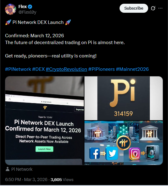 SÀN GIAO DỊCH PHI TẬP TRUNG PI NETWORK DEX CHÍNH THỨC RA MẮT VÀO NGÀY 12 THÁNG 3 NĂM 2026.

Pi Network xác nhận việc ra mắt sàn giao dịch phi tập trung (DEX) vào ngày 12 tháng 3 năm 2026, mang lại tiện ích thực sự cho Picoin và mở rộng cơ hội giao dịch web3.