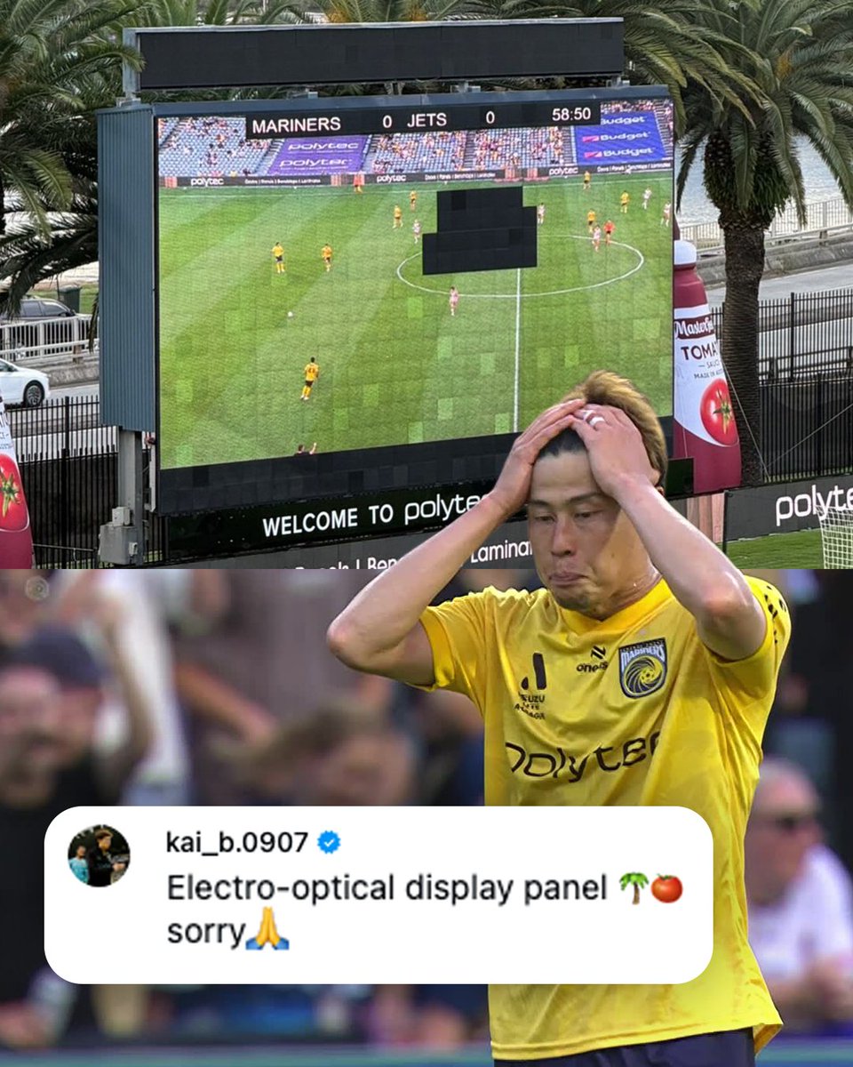 aleaguemen's tweet photo. Brilliant 😆🙏 @CCMariners' striker posted an apology to his Instagram after his shot broke the club’s scoreboard!

Kaito Taniguchi, what a man 👏

📸: kai_b.0907 https://t.co/N5CO6FIw8p