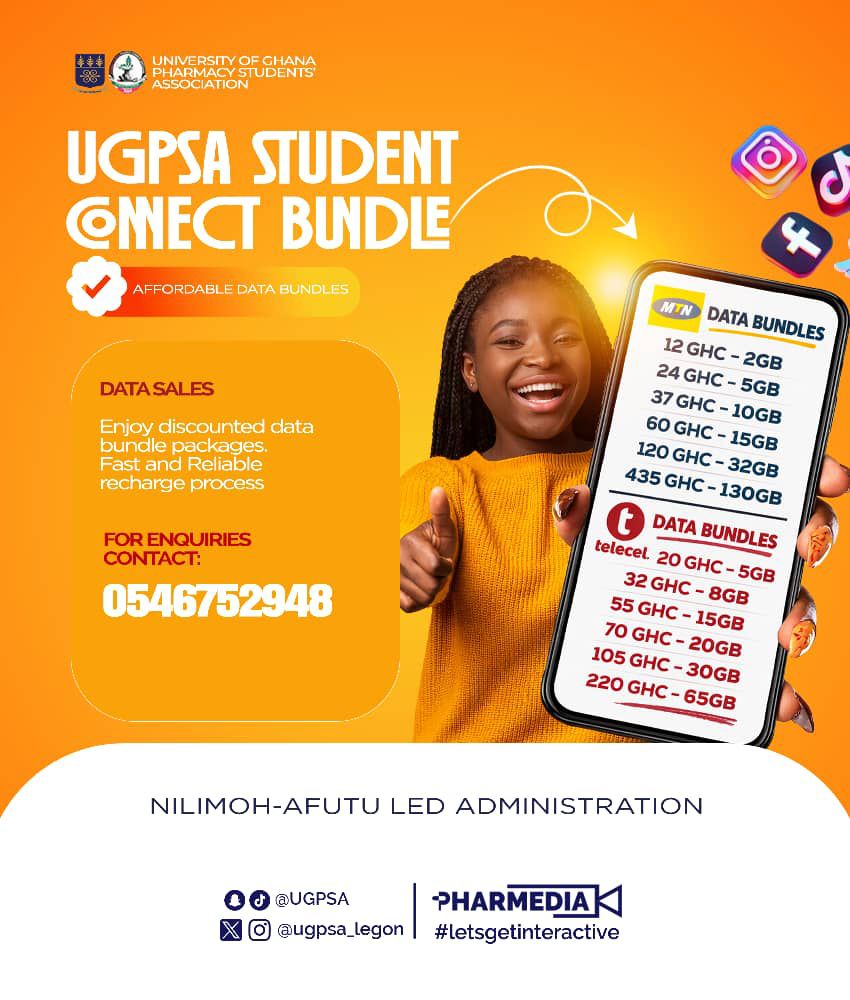 UGPSAlegon's tweet image. MTN
🎁 TELECEL

📶 UGPSA presents to you ✨ special data bundles for your;
+ Lab work 🔬
+ Research 🧫
+ Assignments 📚 &amp;amp; more!!

🔺🟨 Sign up today!
docs.google.com/forms/d/e/1FAI…

#UGPSAconnect
#StudentBundle
#Affordable 🧾

Powered by Pharmedia🛜