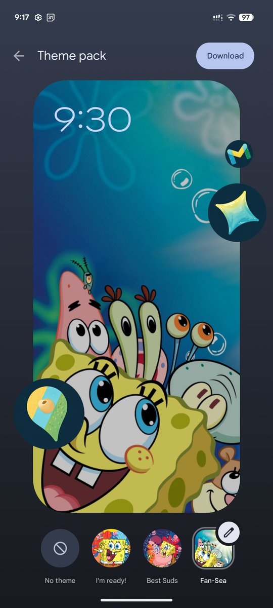 pixeluibygoogle's tweet photo. Google’s March 2026 Pixel Feature Drop introduces a new SpongeBob SquarePants theme pack with three customizable options “I’m Ready,” “Best Suds,” and “Fan-Sea” offering unique colors, icons, sounds, and Gboard previews for Pixel users.

But can't download it at this time. https://t.co/tJImpELJeg