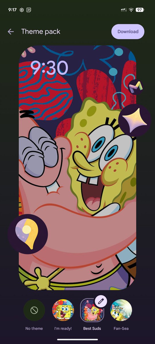 pixeluibygoogle's tweet photo. Google’s March 2026 Pixel Feature Drop introduces a new SpongeBob SquarePants theme pack with three customizable options “I’m Ready,” “Best Suds,” and “Fan-Sea” offering unique colors, icons, sounds, and Gboard previews for Pixel users.

But can't download it at this time. https://t.co/tJImpELJeg