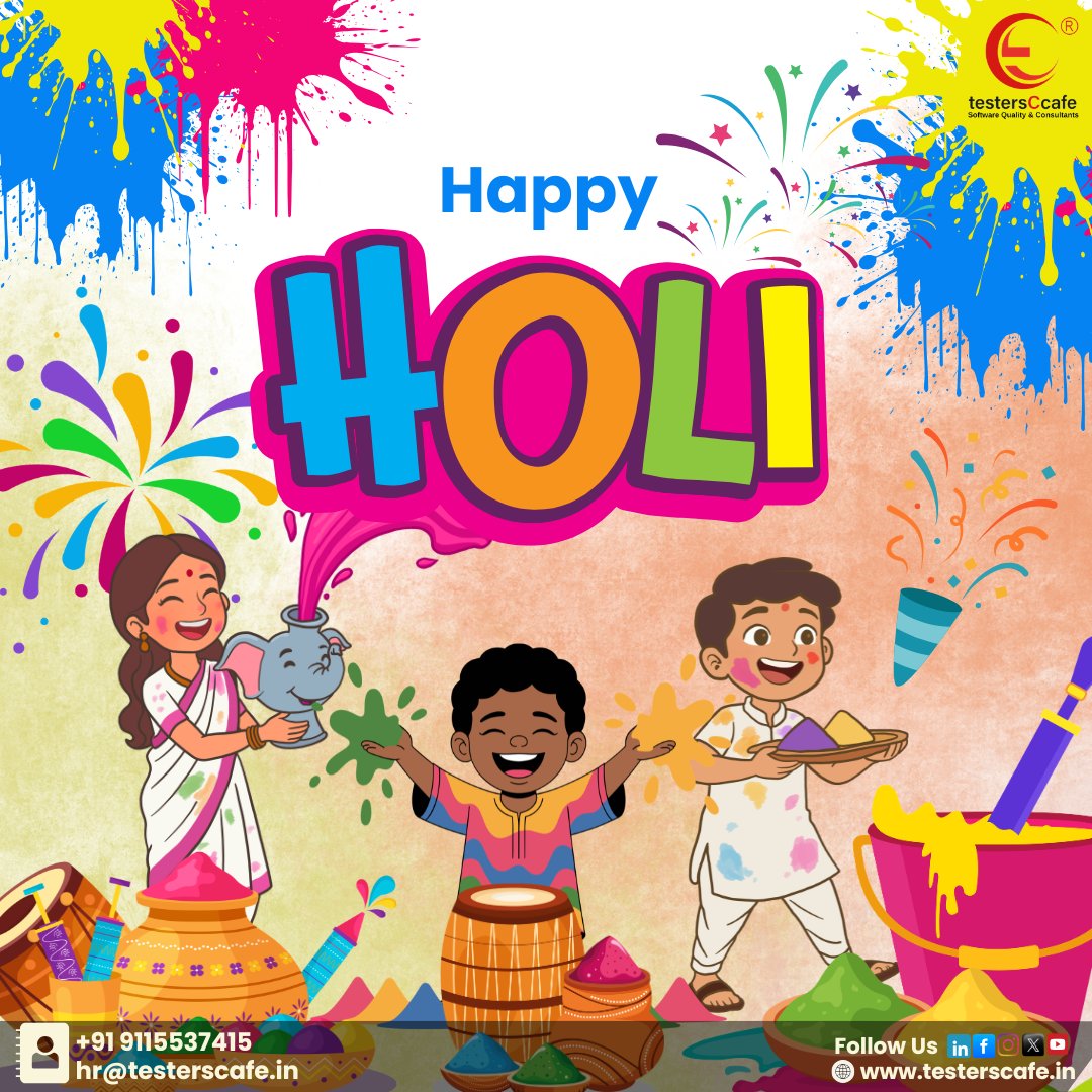 TestersCcafePvt's tweet photo. Happy Holi! 

May this festival of colors bring happiness, success, and positivity to you and your family.

Warm wishes from the entire team at testersCcafe. 

#HappyHoli #FestiveSeason #CorporateWishes #follow #celebration #happiness #testersCcafe #greetings #testing #tcc https://t.co/ny1bpzyNPq