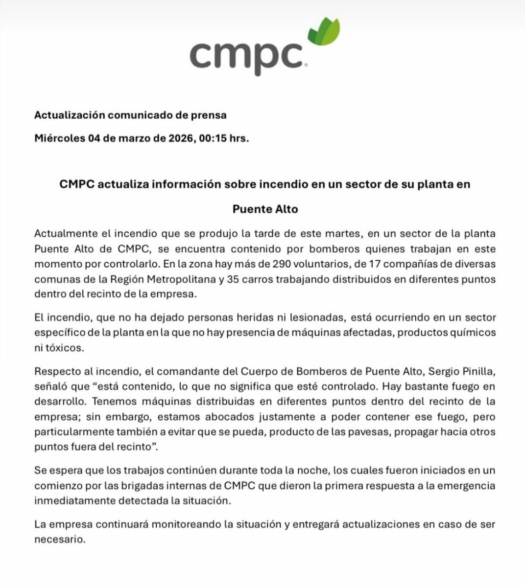 🔴#PuenteAlto| El incendio se encuentra contenido, pero no controlado. CMPC actualiza estado de la emergencia que afecta a sus instalaciones. En el combate trabajan 290 bomberos de 17 compañías de la Región Metropolitana. No se reportan heridos.