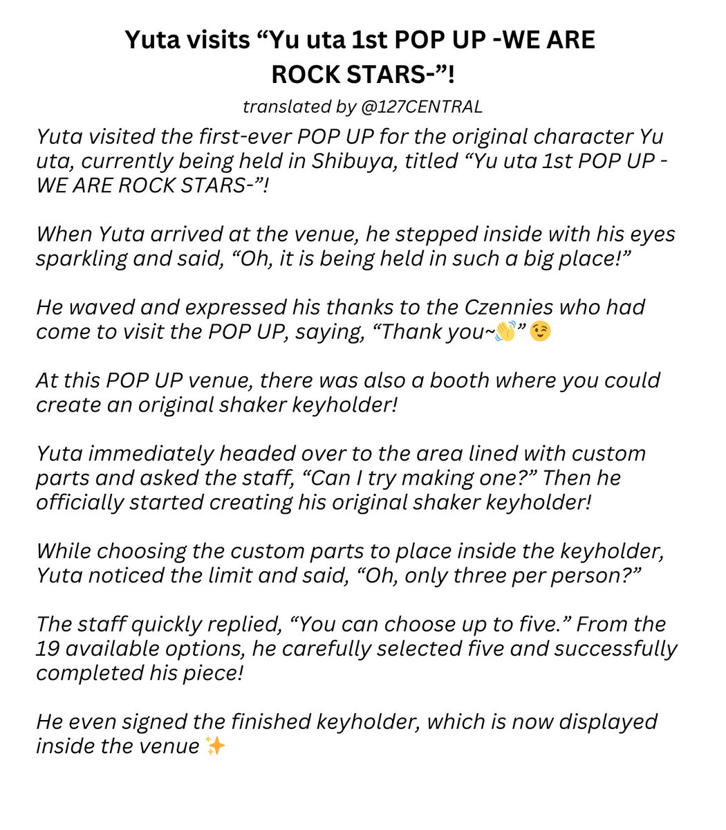 260123 #NCT127 Japan Fanclub Update - #YUTA visits “Yu uta 1st POP