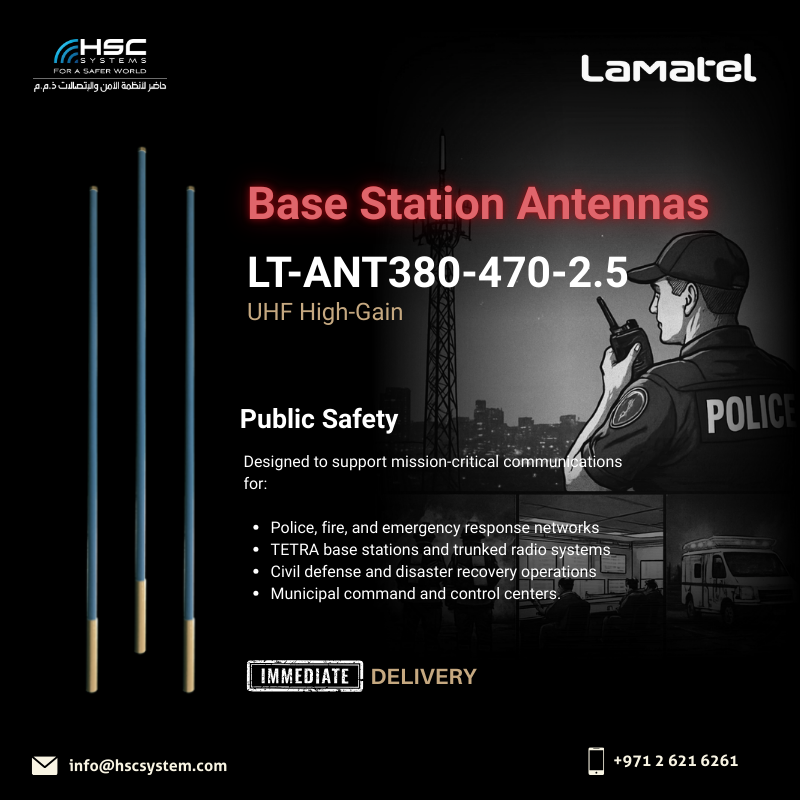 HSCSystem's tweet photo. Lamatel LT-ANT-380-470-2.5: rugged all-weather UHF omni (380–470 MHz) for reliable 360° coverage in base station, TETRA, & multipoint networks.
#HSCS
#forasaferworld #uae #abudhabi #dubai #digitaltransformation
#Lamatel #BaseStation #UHF #TETRA
#ملتزمون_ياوطن
#نتصدر_المشهد https://t.co/nDhiGQMWgy
