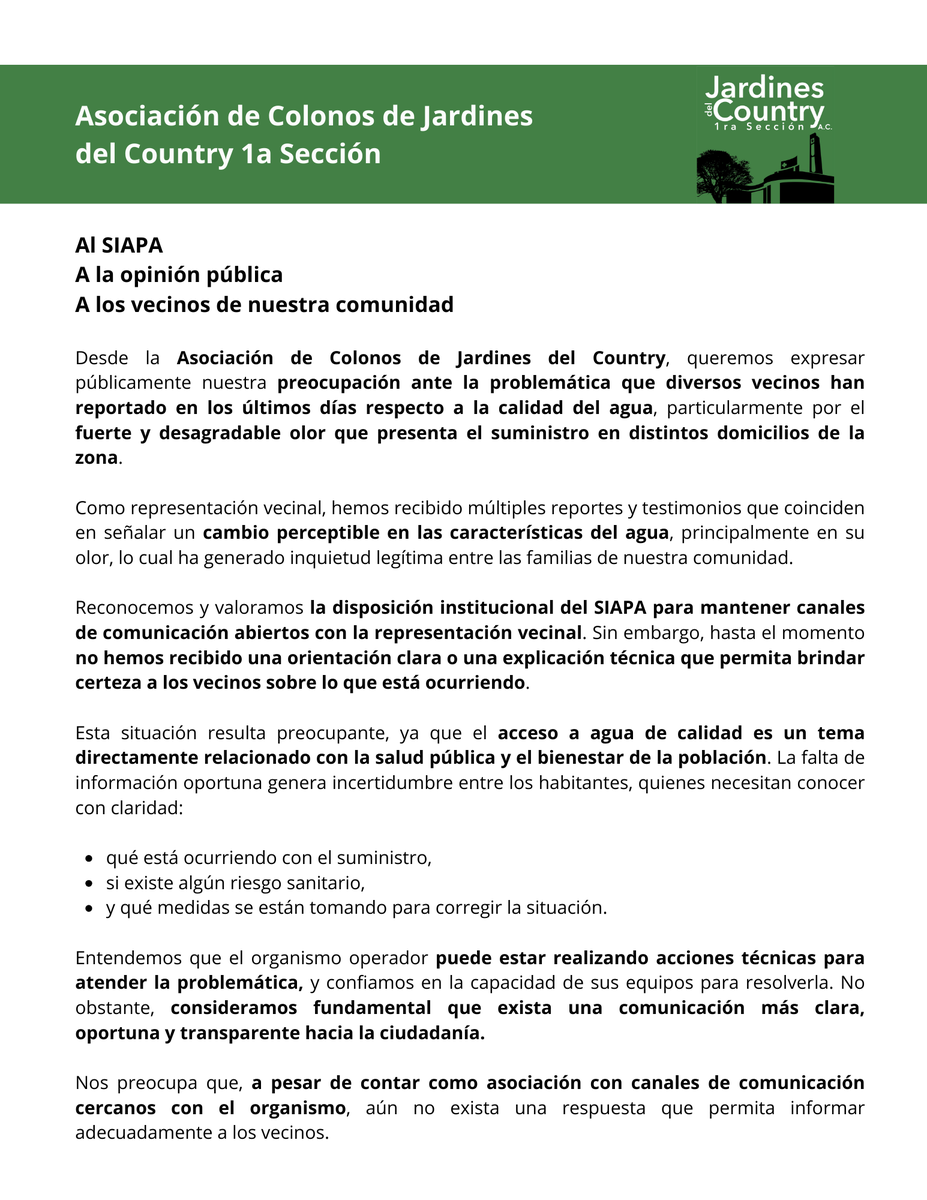 AcJardCoun1ra's tweet photo. Postura ante ante la problemática actual de la calidad del agua por parte de @siapagdl 

@Trafico_ZMG @TVAztecaJalisco 
@mvs_jalisco @Notisistema 
@muralcom @MilenioJalisco @CANAL44TV @TelediarioGDL @TelevisaGDL https://t.co/Ceiy2Bv7O3