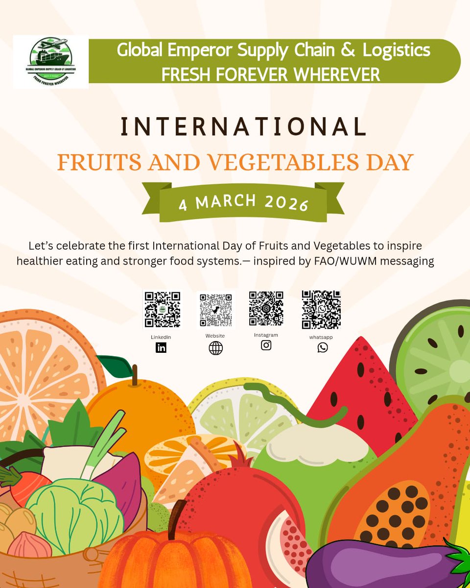 Gescl2026's tweet photo. The official global, and first annual celebration of the International Day of Fruits and Vegetables (IDFV) is scheduled for March 4, 2026. 
This inaugural celebration is supported by the World Union of Wholesale Markets (WUWM) and the AIAM5 alliance.

GESCL joined the Celebration https://t.co/PZVrsbL7Sh
