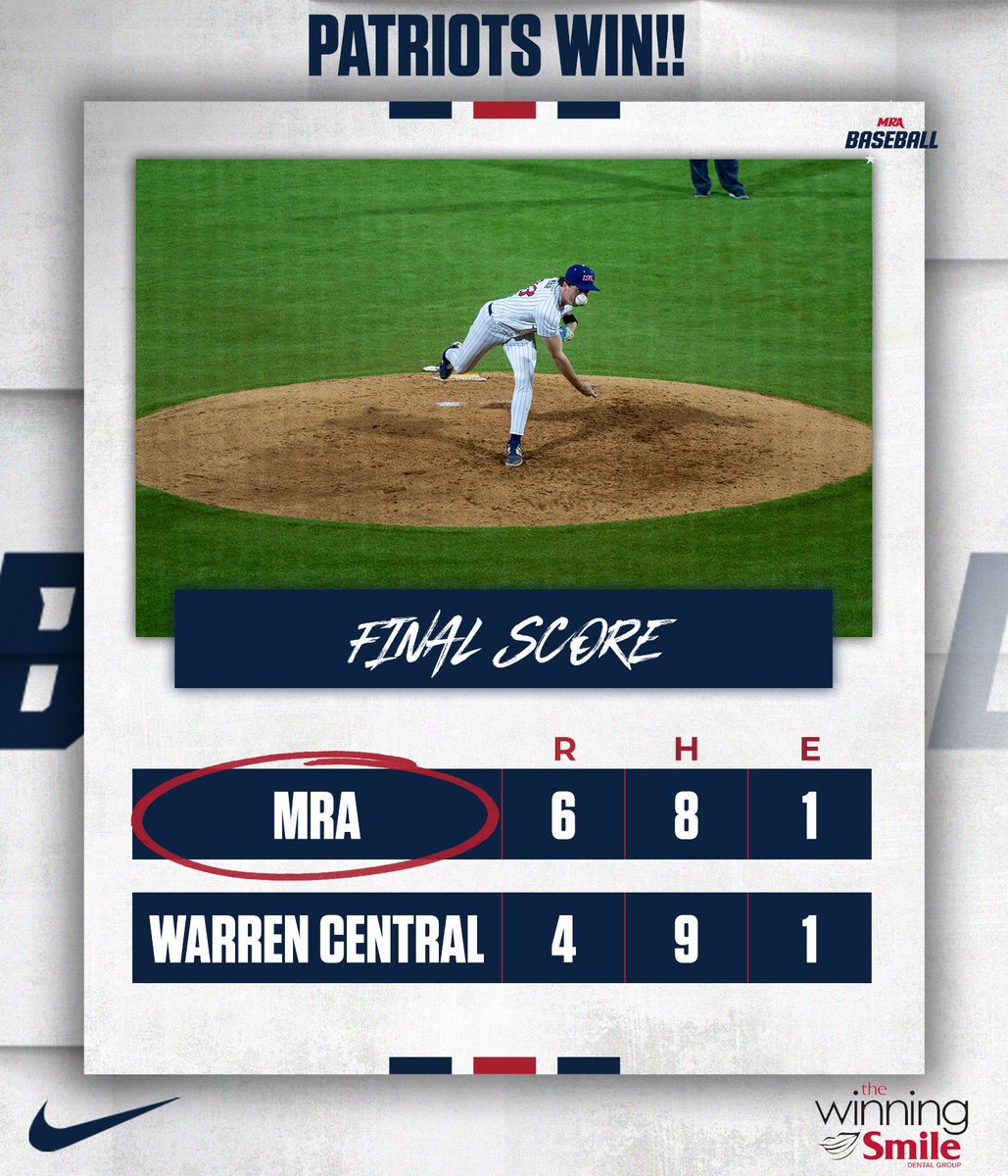 Patriots get the win at Trustmark Park on a big league night! 
Top Performers 
Rhett Taylor 1-4 RBI 
Will Bizot 1-2, 1R 
Nash Segrest 1-4, 1R 
Jack Poole 2-3, 1R, RBI 
Kade Buchanan 2-2, 2R, RBI 
Maddox May 1-3 RBI 
Samuel Stockett 6IP, 2ER, 4K