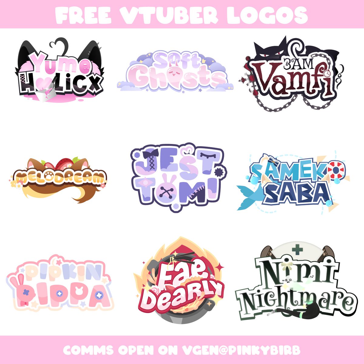 FREE v-tuber LOGOS for whoever's drop YOUR 🫵 PNG and name and retweet this post!! It makes a bit since i last did these hehehe!! 

i'll handpick some to make free logos for! But if you don't want to rely on luck only, feel free to check my Vgen with open comms ;)