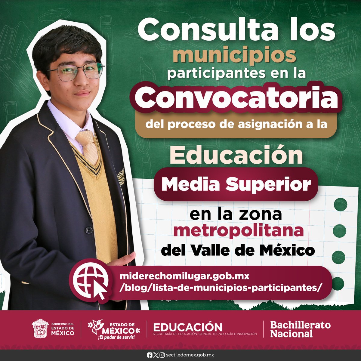 👀¿Buscas ingresar a un bachillerato en la Zona Metropolitana del Valle de México o Zona Oriente? 📚

¡Consulta los municipios participantes en la convocatoria #MiDerechoMiLugar! 
💻Registro disponible del 17 de marzo al 14 de abril: miderechomilugar.gob.mx