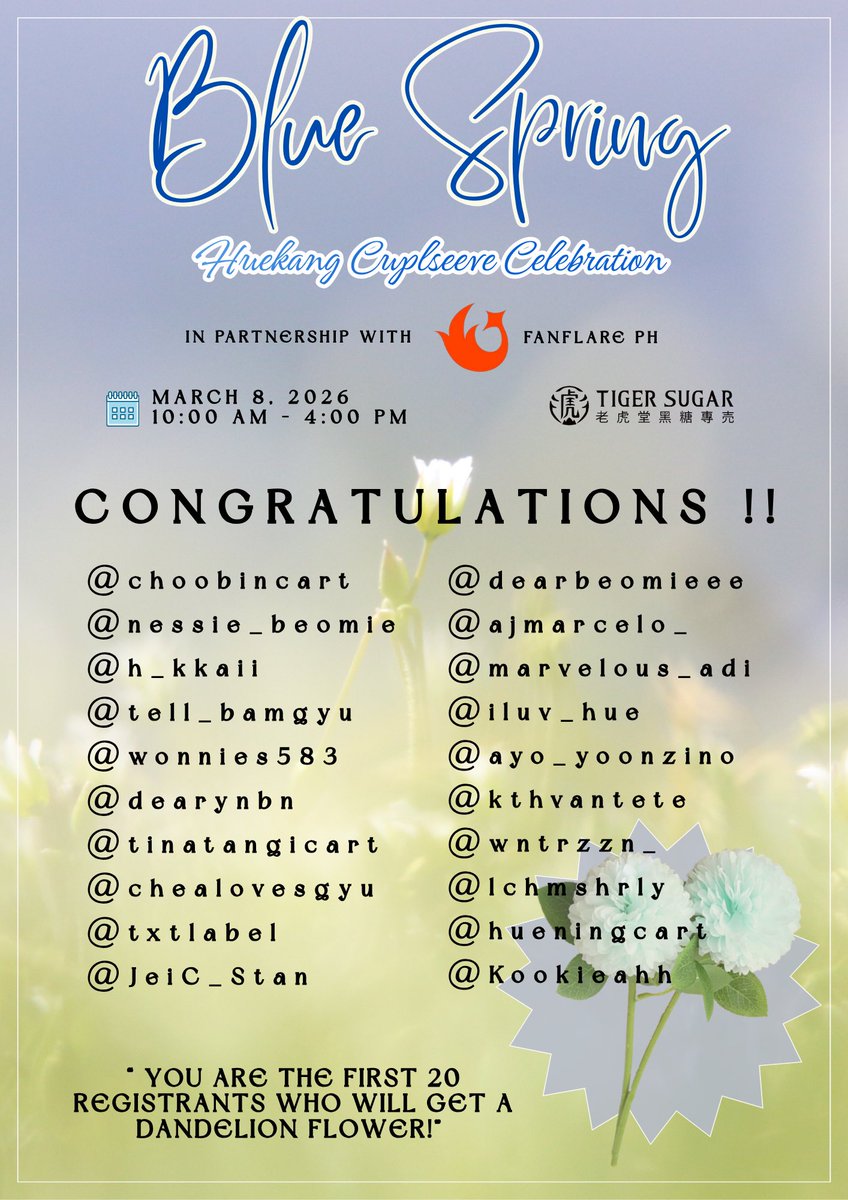 huekangcse's tweet photo. 🌸💙 BLUE SPRING: A Huekang CSE Celebration 💙🌸

The wait is over! ✨ Here are our FIRST 20 Attendees who will receive the Dandelion Flower🌷🌼

Thank you, MOAs, for the overwhelming love and support! 💙 

#BlueSpringCSE #Huekang #MOA https://t.co/84Eb06jKhc