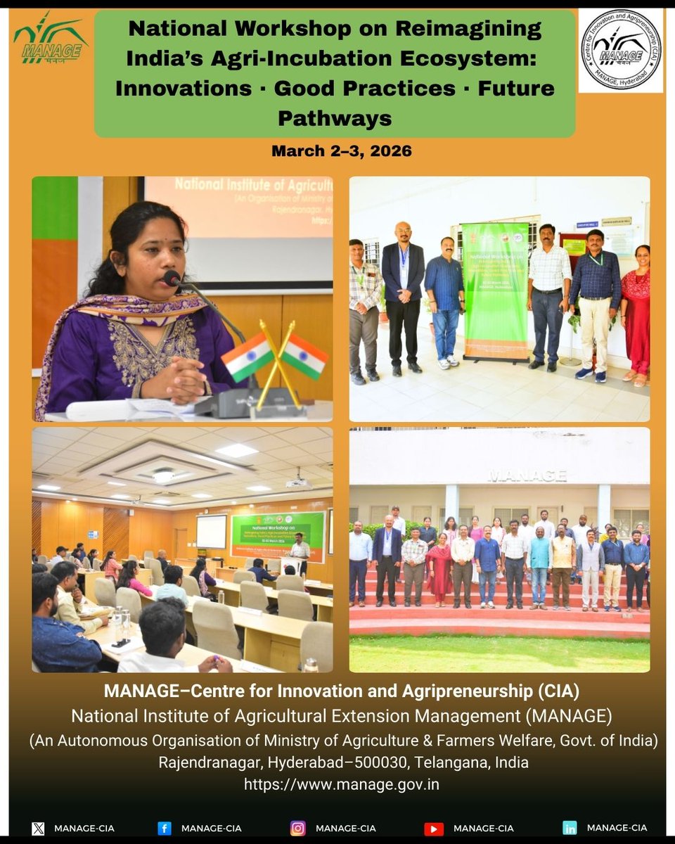 CiaManage's tweet photo. 🌾 Agri-Innovation Takes Center Stage in Hyderabad!
National Workshop on Reimagining India’s Agri-Incubation Ecosystem
📍 MANAGE | March 2–3, 2026
15+ experts | Agri-Startups | FPOs | Millets | IP & Investors.
#MANAGECIA #AgriStartup #NationalWorkshop https://t.co/Vq5MoE1kDC