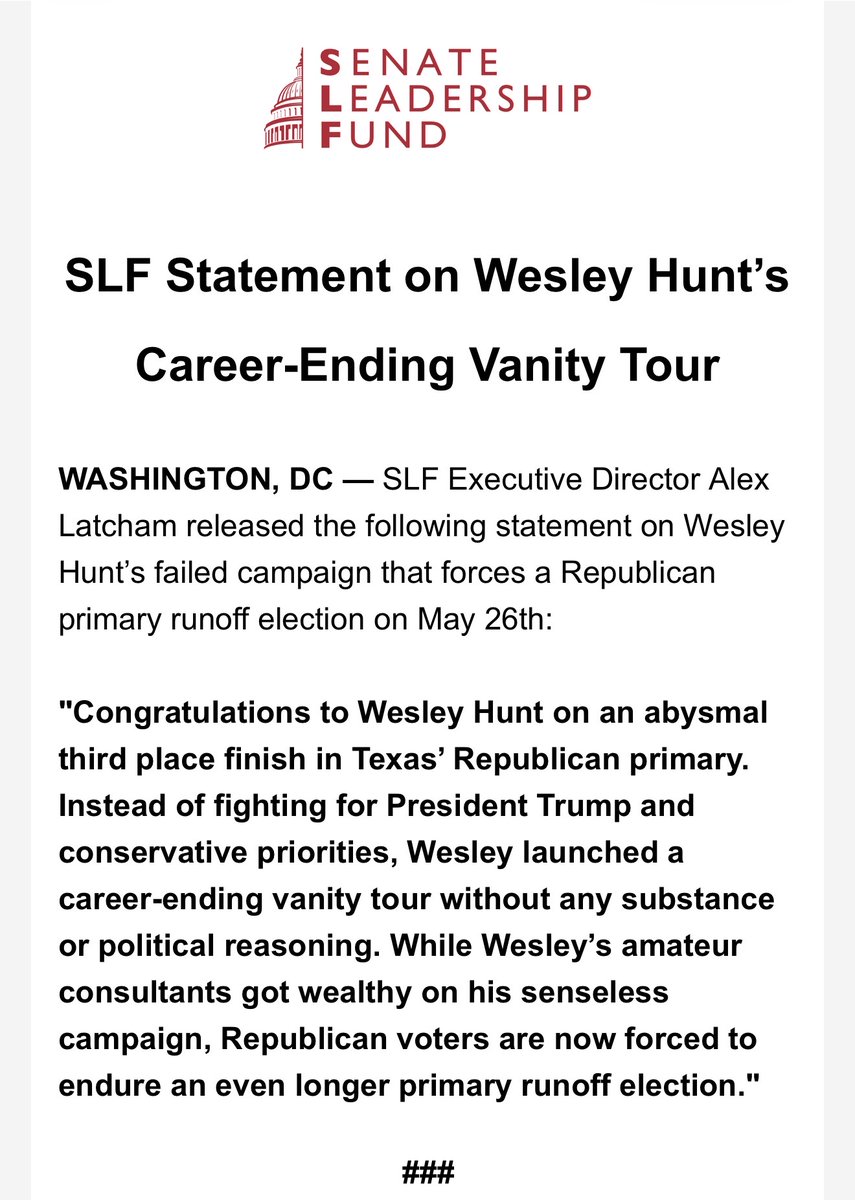 Well this is unlikely to help John Cornyn. If I’m Wesley Hunt, after getting this ridiculous attack from John Thune’s Senate Leadership Fund, I go all in to campaign for Ken Paxton. Talk about lack of class from SLF.