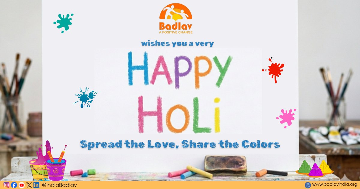 IndiaBadlav's tweet photo. At Badlav, we always strive to bring color back into lives that have turned dull and forgotten — just like the vibrant spirit of Holi.
If you see someone around you struggling  try to add a little color to their world. 💛
Wishing you all a very Happy Holi from  Badlav.
#HappyHoli https://t.co/iPXyBQjuBM