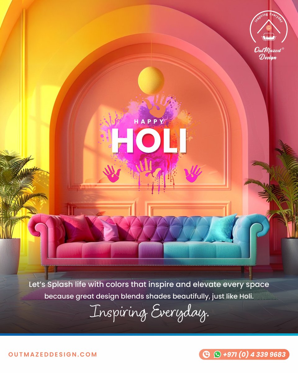 OutMazedDesign's tweet photo. Colors inspire. Design transforms. 🎨

This Holi, let’s celebrate spaces that blend shades beautifully - just like life. 🌈

Happy Holi from OutMazed Design.
Inspiring Everyday.

#HappyHoli  #DesignInspiration  #Emirates #Dubai2026  #سبحان_الله_وبحمده #OutMazedDesign https://t.co/j1MmxXoHDE