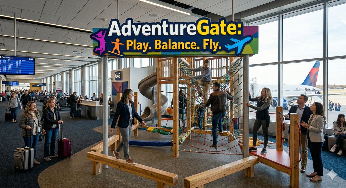 RealRecess's tweet photo. Why sit when you can play?

We spend hours in terminals, but what if your gate looked like this?

Next time, use a 'FitGate'. A quick climb or balance beam to fight jet lag before boarding.

BE HONEST: Are you gonna try, or is this a nightmare scenario?
#Travel #AirportLife #Fit https://t.co/qeCiAcnaLH