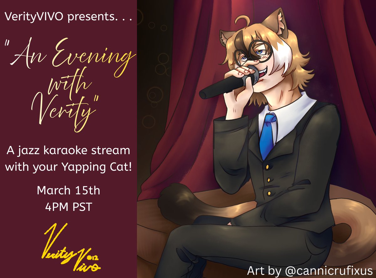 The Coast-to-Coast Cast cordially invites you to. . .

An Evening with Verity.

A jazz/big band-focused karaoke stream with your yapping cat.

Live on #IRIAMUS March 15th at 4pm PST.

We hope to see you there.