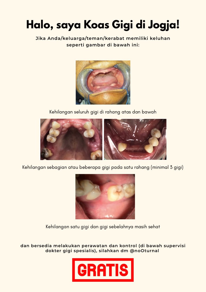 noOturnal's tweet photo. ‼️DICARI PASIEN KOAS GIGI JOGJA‼️

haloo! aku koas kedokteran gigi Jogja yang sedang cari pasien dengan kondisi gigi seperti gambar berikut. PERAWATAN GRATIS TANPA DIPUNGUT BIAYA DAN DIAWASI DRG SPESIALIS✨

kalau ada pertanyaan/konsultasi boleh langsung dm @noOturnal yaaa🤩🙌🏻 https://t.co/upPhh5ZIkM
