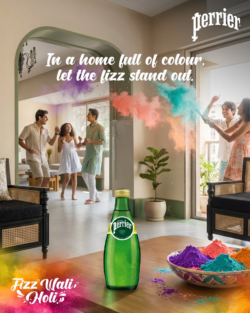PerrierIndia's tweet photo. When the colours take over every corner, let the fizz hold the centre. 💚
Celebrate Holi with a sparkling twist.
#FizzWaliHoli #Perrier https://t.co/NpyNTm48QS