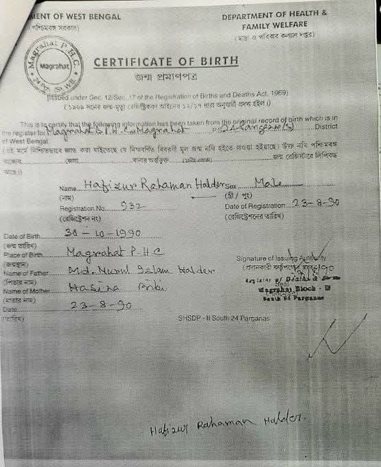 Birth Certificate from West Bengal.

Name : Hafizur Rahman Haldar

Date of Birth: 30 Oct 1990

Date of Registration: 23 Aug 1990

Sign of Registrar: 23 Aug 1990

You can get Birth Certificate before birth ... Only in West Bengal

This is Why SIR is necessary ! 
⁦<a href="/ECISVEEP/">Election Commission of India</a>⁩