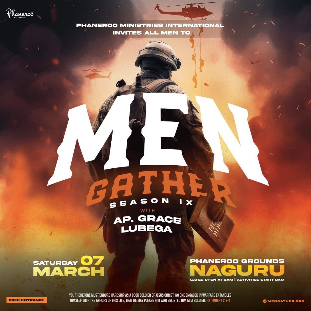 Great institutions and nations are built by men of grit, truth, purpose, and bold faith.

This March 7, 2026, Phaneroo Ministries International invites you to the 9th edition of Men Gather at Phaneroo Grounds.

#MenGatherIX 💪🏽
#Invite20Men
