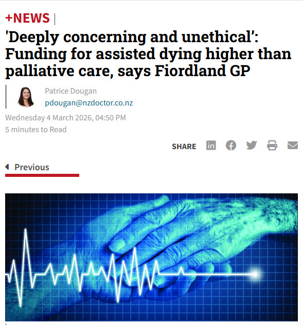 🚩This is shocking...

Fiordland Medical Practice specialist GP Stephen Hoskin has written to deputy prime minister David Seymour, the proponent of the End of Life Choice Act 2019, to question why Dr Hoskin could 𝐜𝐥𝐚𝐢𝐦 𝐚𝐛𝐨𝐮𝐭 𝐬𝐢𝐱 𝐭𝐢𝐦𝐞𝐬 𝐦𝐨𝐫𝐞 𝐟𝐮𝐧𝐝𝐢𝐧𝐠