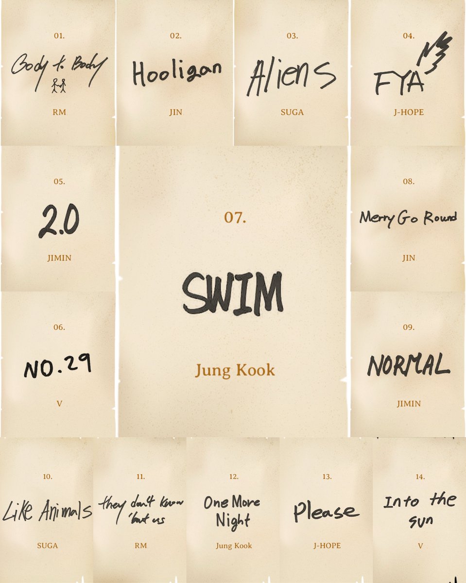 การ์ด <a href="/BTS_twt/">방탄소년단</a> ‘ARIRANG’ ลายมือเมมเบอร์

1. Body to Body : #RM
2. Hooligan : #Jin
3. Aliens : #SUGA
4. FYA : #jhope
5. 2.0 : #Jimin
6. No.29 : #V
7. SWIM : #JungKook
8. Merry Go Round : #Jin
9. NORMAL : #Jimin
10. Like Animals : #SUGA
11. they don’t know ’bout us : #RM
12. One