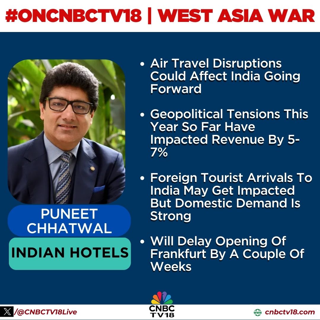 CNBCTV18Live's tweet image. #OnCNBCTV18 | #Airtravel disruptions could affect India going forward, impact more significant in #Dubai though

Will end FY26 with &amp;gt;14% growth despite challenges, foreign tourist arrivals to India may get impacted but domestic demand is strong. Will delay opening of #Frankfurt