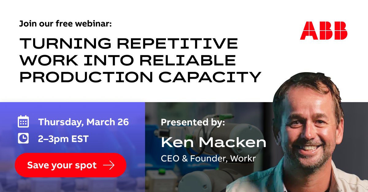 workr_official's tweet photo. Joing @ABBgroupnews  and WORKR at our live session focused on a different way to think about reliable manufacturing production capacity.
Thursday, March 26 | 2:00 PM EST
https://t.co/GFfoFuX31c https://t.co/xmjwggEZPL