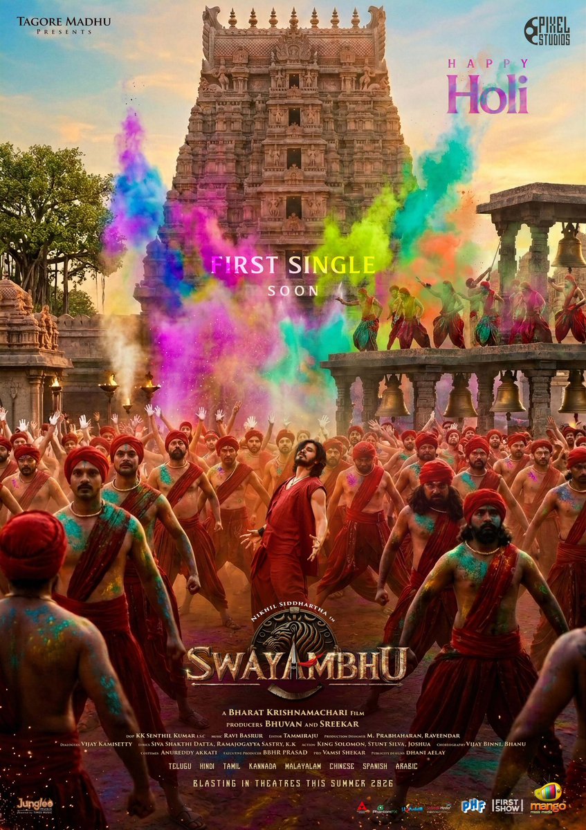 BigtvCinema's tweet photo. Let’s paint this world with the colours of courage and victory ❤🔥 🔥🔥
Team #Swayambhu wishing everyone a Happy Holi ❤️
First single soon ⌛🎼
ICYM the EPIC #SwayambhuTeaser
▶️https://t.co/HOxHq1v2V2
BLASTING IN THEATRES THIS SUMMER 2026 🤩
#NikhilSiddhartha #ActorNikhil #Samyuktha #Samyukthamenon #NabhaNatesh #Tollywood #tollywoodactress #entertainment #Bigtv #BigtvCinema