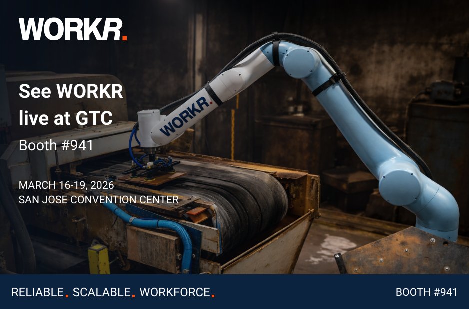 workr_official's tweet photo. Manufacturers can't wait for robotics to catch up to their workforce reality. 
At @nvidia GTC 2026 we're showing what's possible right now withWorkrCore™ running live on a real factory robot. 
Stop by booth #941 and say hi! https://t.co/YqDDanUbkb