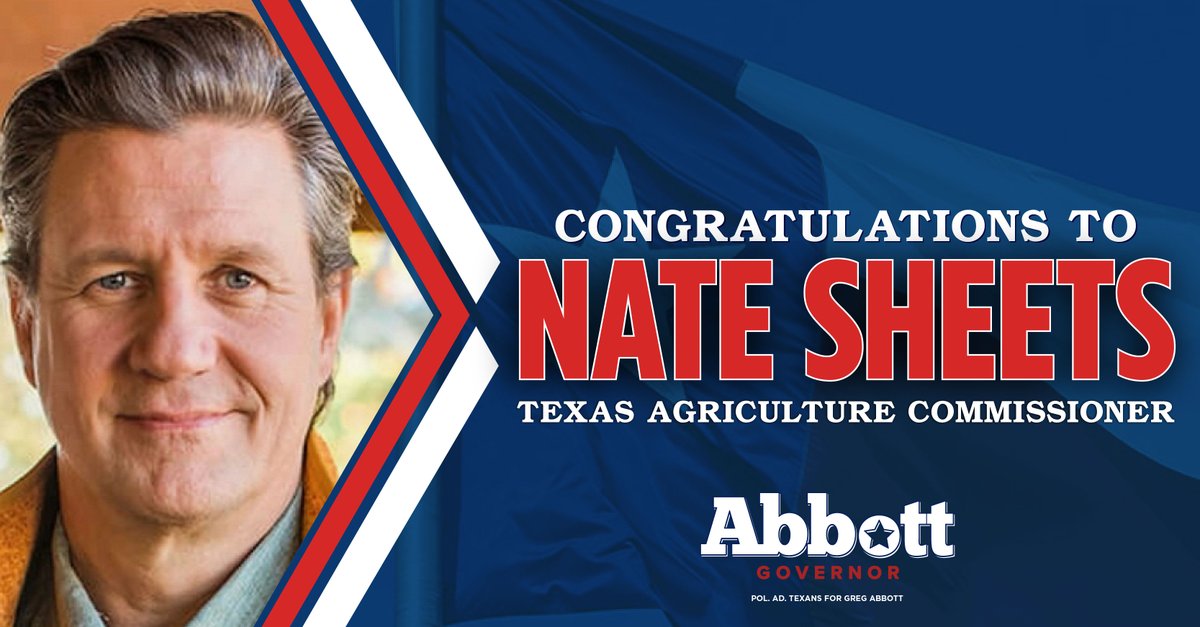 GovHotWheels_TX's tweet photo. 🚨 KEY RACE ALERT

Nate Sheets WINS the Republican Primary for Texas Agriculture Commissioner!

It’s a win! 🐝 🍯🐝

Congrats to @natesheetsforTX on securing the nomination. Texas conservatives are locked, loaded, and ready to return integrity to the Texas Department of Agriculture this November!