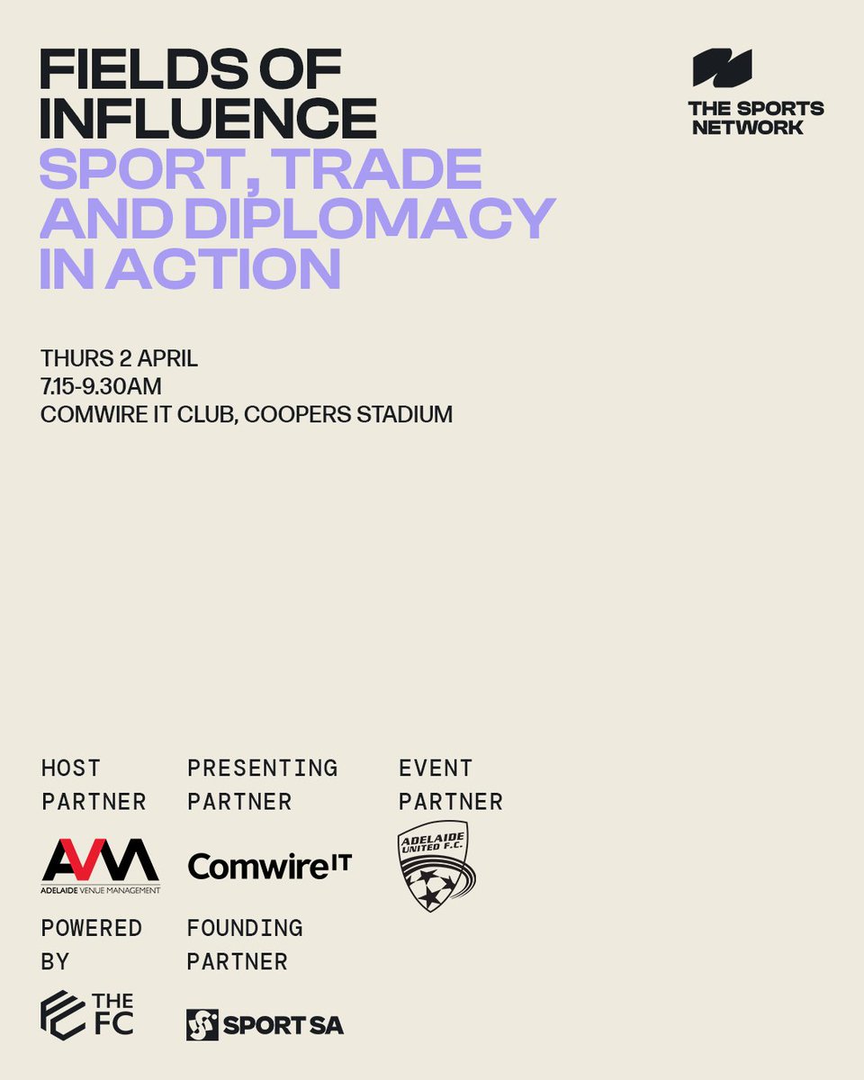 tsnadelaide's tweet photo. Fields of Influence: Sport, Trade and Diplomacy in Action

High-level networking, a keynote by @TimHarcourt, and a behind-the-scenes look at @AdelaideUnited training. Discover how sport shapes global business.

Last two events sold out!
Book: https://t.co/b0MAotpaq0 https://t.co/Q5OepCeAx0