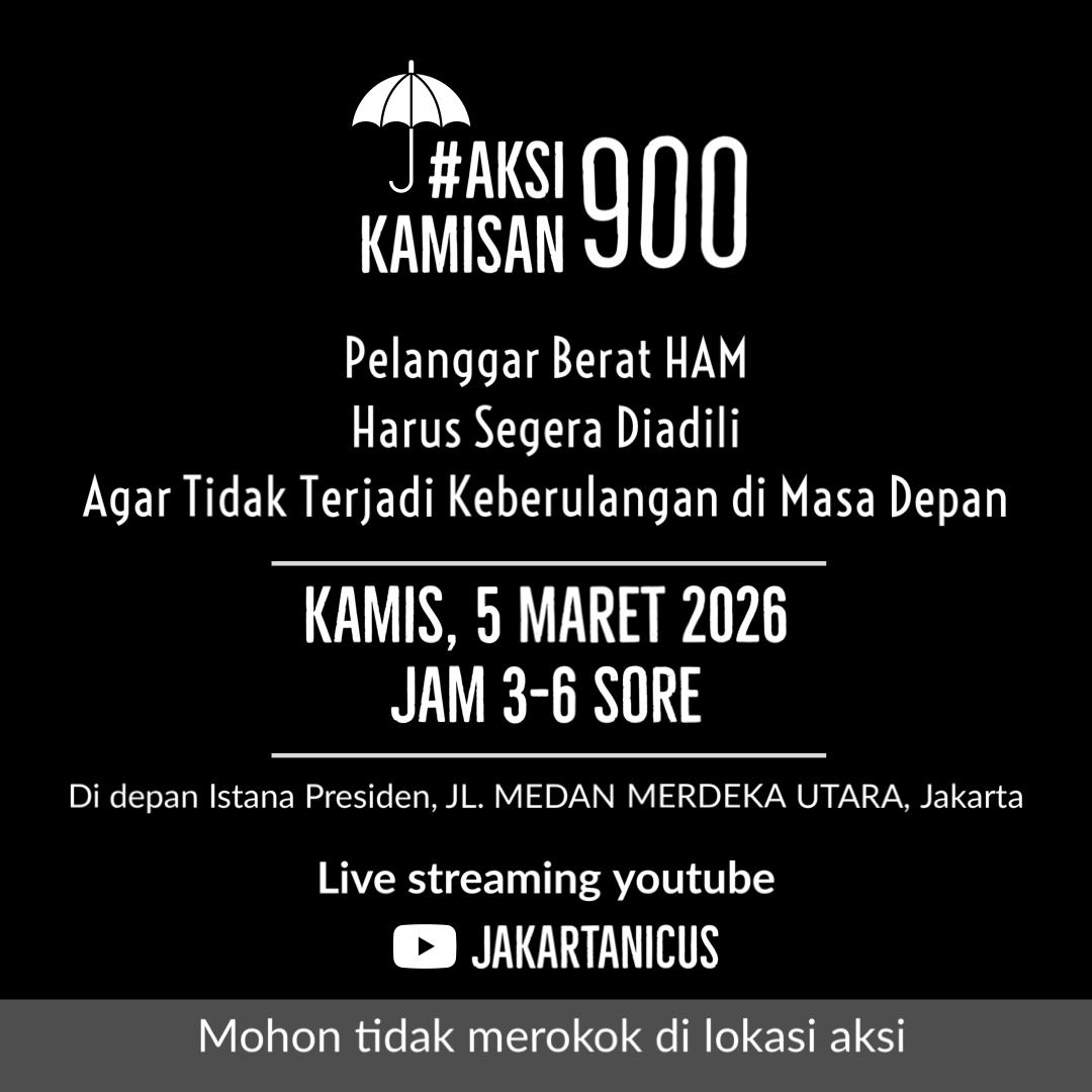 Mngundang kawan2 hadir <a href="/AksiKamisan/">Aksi Kamisan</a> tg.5/3/26

Usut tuntas tragedi 1998-1999 di PengadilanHAM ad hoc!
Sbuah trgd kmanusiaan yg tjadi di era transisi OrdeBaru dgn OrdeReformasi yg hanya mampu btahan bbrp bln sj.
<a href="/dipanggilwawan/">#SayaWawan | BR Norma Irmawan</a> krbn Semanggi I-13 November 1998